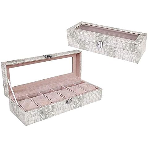 Ntcpefy Watch Box 6 Men Women Grain Leather Display Glass Top Jewelry Case White Cover