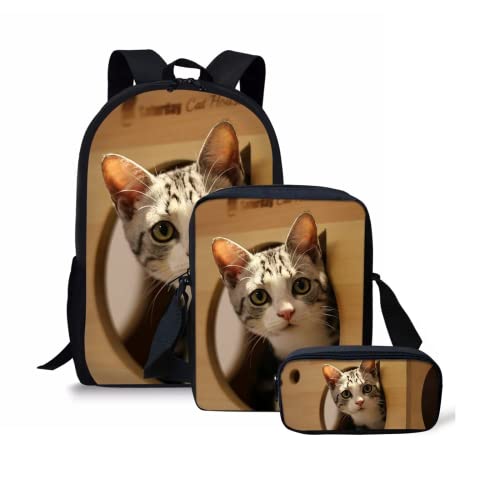 Mochila Escolar Mochila para niños Conjunto de Mochilas Escolares con Bolsa para el Almuerzo y Estuche para lápices Mochila Ligera Juego de 3 Piezas (Gatito Mochila5,44x13x28cm) Cover