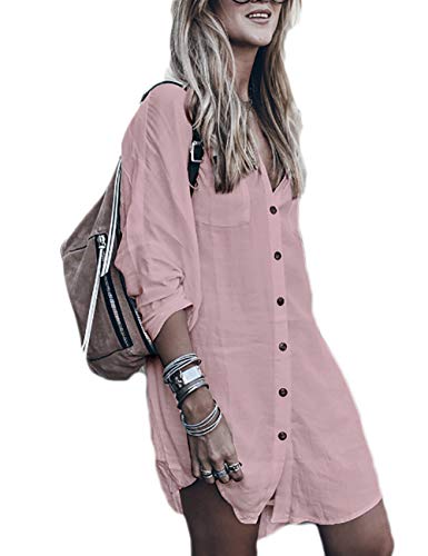 Bsubseach Rosa Langarm Strandkleid für Damen Loose Button Down Bademode...
