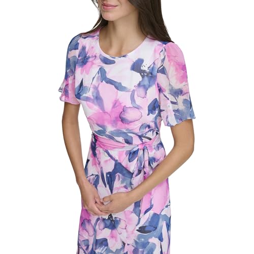 Image of DKNY Women's Flutter Sleeve Round Neck Waist Tie Midi Dress