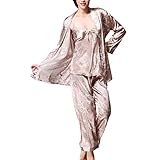 Lu's Chic Women's Satin Cami and Pant Pajamas Set with Robe 3Pcs Pj Silk V Neck Long Sleeve Camisole Sleepwear Slim Fit Dragon Patterned Print Nighty Loungewear Lace Belted Nude X-Small