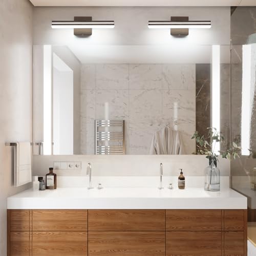 Image of SineRise 16-Inch LED Modern Bathroom Vanity Light Bar, Brown Modern Acrylic Bathroom Wall Lighting Fixtures Over Mirror (Cool White 6000K)