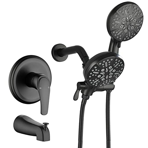 Tub and Shower Faucet Set Complete Dual Shower Head and Handheld 2 in 1 Combo Set Shower System with Tub Spout Tub and Shower Trim Kit Matte Black