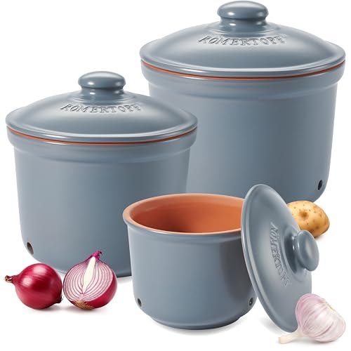 Romertopf Frische-Topf 3er Set - Knoblauch, Zwiebel und Kartoffel Aufbewahrungsbox Keramik - Atmungsaktiver Ton hält Gemüse länger frisch - Blau-grau