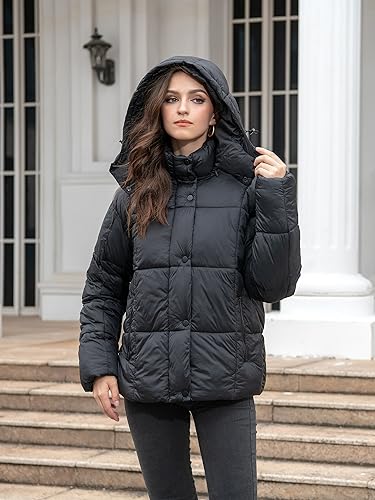 Women's Quilted Puffer Jacket Long Sleeve Full Zipper Winter Warm Padded Bubble Coat with Detachable Hood3