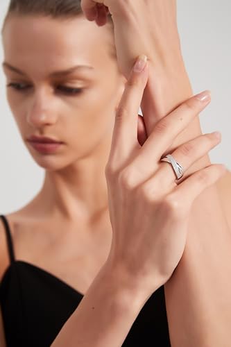 THELANDA Genuine Moissanite or Simulated Diamond Sterling Silver 7.6mm Wide Unisex Crisscross Two Rows Wedding Band Fashion Ring4