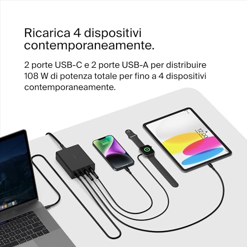 Stazione di Ricarica Multi Dispositivo GaN da 108 W, Hub da Tavolo Con 2 USB Type-C e 2 USB-A per iPhone 16, MacBook Pro, Air, iPad Pro, Air, Samsung Galaxy, Pixel e Altri - Hub USB - Immagine 4