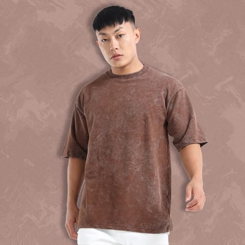 Image of fanideaz Mens 240 GSM Heavy Cotton Acid Wash Oversize T-Shirt Half Sleeve Round Neck Drop Shoulder Oversize Fit