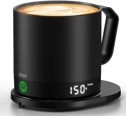 buuo Heated Coffee Mug Rechargeable - Temperature Control Self Heating Coffee Mug 14oz with Lid, Double Sided & Real-Time LED Display, Hot up to 150℉, Birthday Gifts for Women and Men(Black)
