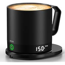 Self Heating Coffee Mug with Temperature Control, Smart Heated Mug 14oz with Lid, Rechargeable Heated Mug, Dual-Sided LED Display, Keeps Drinks Warm Up to 150F Black