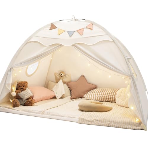 Tiny Land Twin Bed Tent for Kids, Breathable Bed Canopy Tent for Girls & Boys, Neutral Cream Play Tent, Easy Setup Washable Sleep Space, Cozy Dream Playhouse Gift, 77" x 40" x 46"