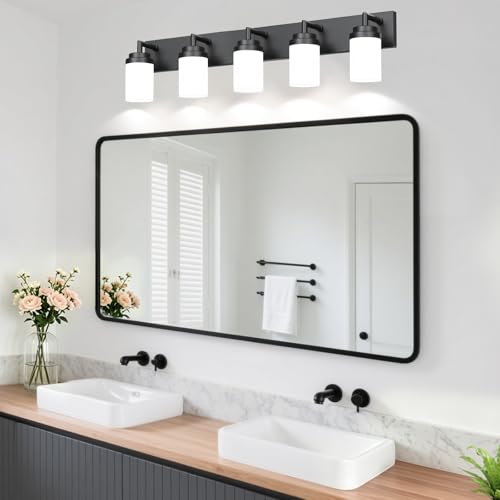 Image of Bathroom Light Fixtures, Matte Black Bathroom Lighting Fixtures Over Mirror, Modern Vanity Light with White Glass Shade, Restroom Lighting Fixtures, 5-Light 36-inch