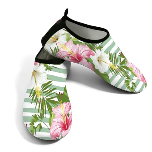 Zapatos de agua para mujer y hombre, diseño de rayas verdes, con flores rosas, zapatos de playa, calcetines de natación de secado rápido, Rayas verdes y rosas, 37.5/38.5 EU