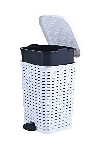 Image of Superio Small Outdoor Trash Can with Lid for Dog Poop 3 Gallon /12 L Mini Plastic Garbage Can with Foot Pedal for Bathroom, Bedroom, Office, Patio, Wicker White