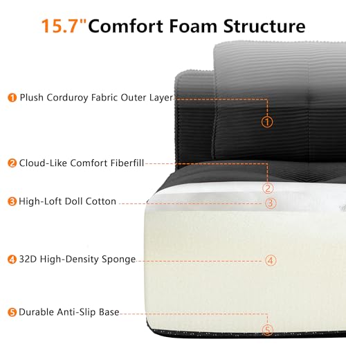 Image of 151.1 inch Large Modular Sectional Sofa for Living Room, 6-Seater V-Shaped Boneless Corner Sofa, Comfy Cloud Couch with 2 Movable Ottomans, Corduroy Design for Family Space, No Assembly, Black