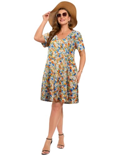 Image of ZENNILO Women's Plus Size Swing Dress with Pockets Casual Summer Dresses V Neck Short Sleeve T Shirt Dress for Women