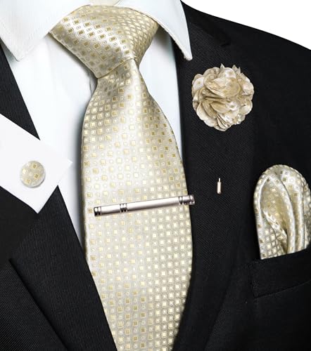 Image of JEMYGINS Mens Tie and Pocket Square,Lapel Pin,Cufflinks,Tie Clip Sets with Gift Box 5PCS