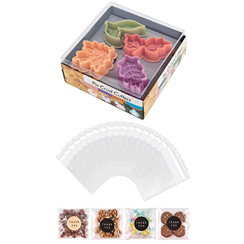 4Pcs Leaf Plunger Cutter Maple Leaf Cookie Cutter and 100PACK 4x4IN Treat Bags Cookie Bags Cellophane Bags with Stickers