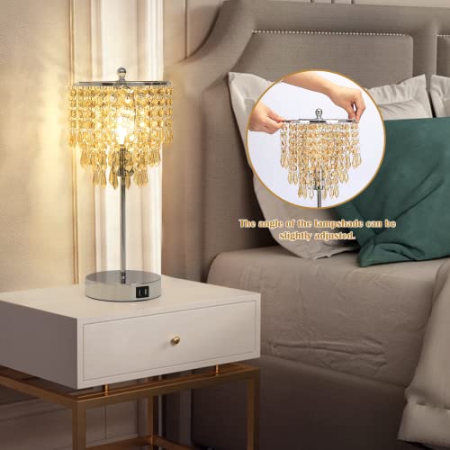Usb Bedside Crystal Lamp, 3 Way Touch Control Table Lamp With 2 Usb Ports, Dimmable Nightstand Lamp With Amber Yellow Shade, Modern Decorative Lamp For Bedroom, Living Room, B11 6W Led Bulb Included #TOP4