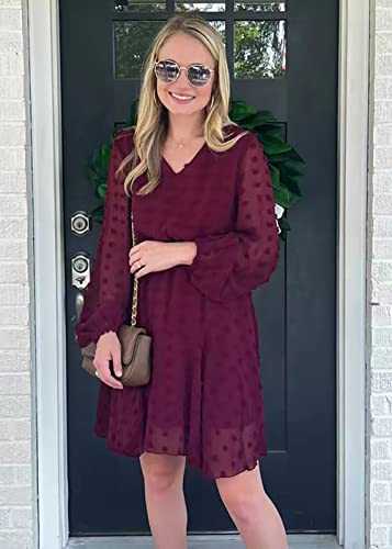 Kirundo Women's 2023 Fall Long Sleeve V Neck Flowy Mini Dress Swiss Dot High Waist Chiffon Casual Dresses With Belt(Style2-Wine Red, Large) #TOP6