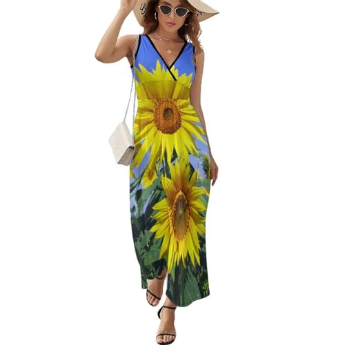 Robe longue d'été sans manches à motif tournesol jaune col V