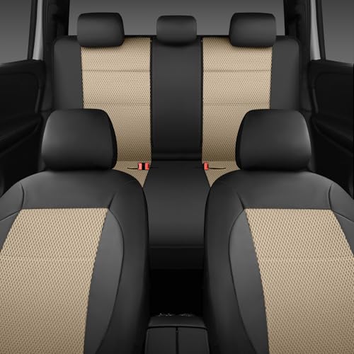Image of CAR PASS Leather Seat Covers Breathable Air Mesh Car Seat Cover Full Set Super 5mm Sponge Inside, Airbag Compatible, Universal Automotive Interior Cover Fit for Car SUV Truck Van Black Beige