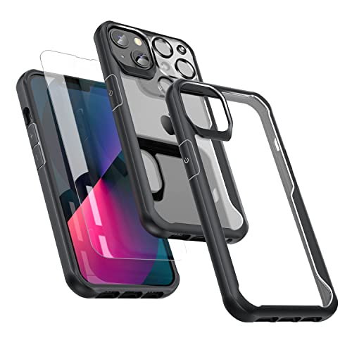ORETECH Funda Transparente para iPhone 13 6.1', con [2x Vidrio Cristal Templado y 1x Cámara Protector de Pantalla] Antichoque Bumper Hard PC Carcasa Anti-Arañazos Airbag Caso -Negro