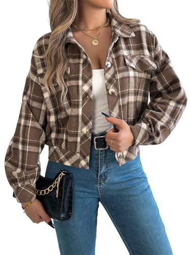 AMOMA Women's Long Sleeve Cropped Flannel Plaid Shacket Button Down Plaid Crop Short Jacket Coat