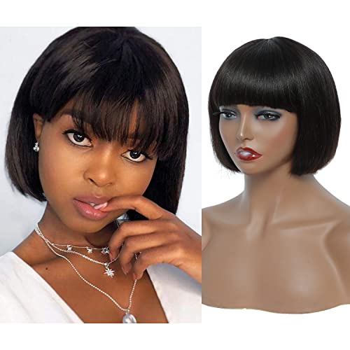 Short Bob Wig Human Hair Bangs Bob Wigs for Black Women Non Lace Front Wigs 150% Density black bob wig with bangs Non Lace Front Glueless Machine Made Natural Color 10 inch