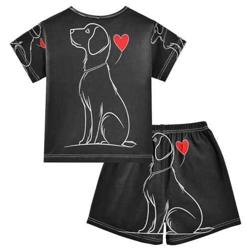 ALAZA Dachshund Dog Black Heart Pajamas Set Short Sleeve Cotton Sleepwear Summer Pjs 2 Piece 5-14Y2