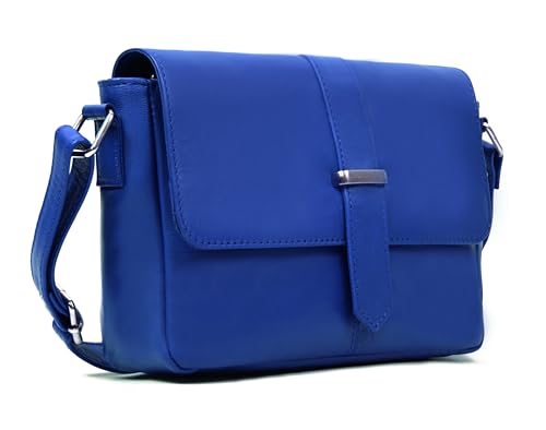 Hudson & James Designer Genuine Leather Women Ladies Travel Satchel Everyday Crossover Cross body Work Mobile Shoulder Handbag Bag (Royal Blue)