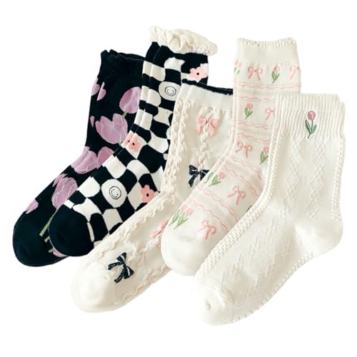 MIYUANGKJ Lot de 5 paires de chaussettes colorées en coton pour femme avec bordure en dentelle vintage brodées Motif floral Chaussettes décontractées Taille unique Doux et respirant