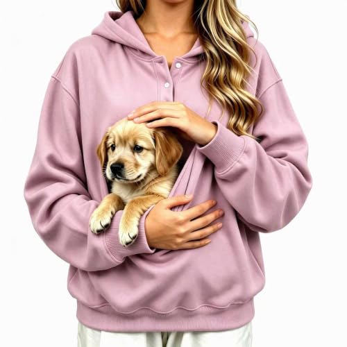 Pet Carrier Sweatshirt Pet Pouch Hoodie Women Kangaroo Pocket Dog Cat Carrier Button Neck Pullover Suéter Manga Larga para Mujer Dressly Capsule Wardrobe Outfits Pink S - image 5