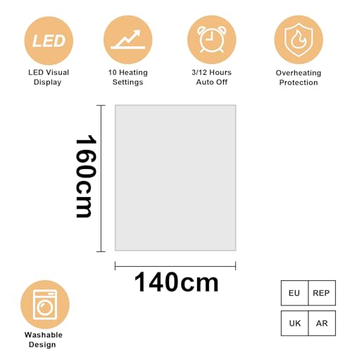 DOEL Heizdecke 160x140cm, Wärmeunterbett Doppel mit 10 Heizstufen, Elektrische Wärmedecke mit 3/12h Abschaltautomatik, Maschinenwaschbar Matratzenheizung, 220-230V, 50-60Hz, 115W, Weiß