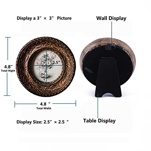 Sikoo Small Vintage 3×3 Round Picture Frame Antique Ornate Mini Photo Frame Table Top Display And Wall Hanging With High Definition Glass Front For Home Decor, Old-Fahioned Photo Gallery, Retro Art, Bronze Gold #TOP3