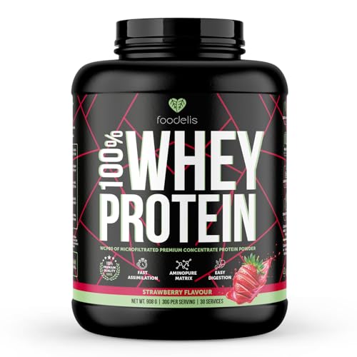 Foodelis 100% Whey Protein | Proteína de Suero Premium con Glutamina Natural y Perfil Completo de Aminoácidos | Máxima Absorción y Fácil Digestión | 908 g – 30 Dosis (Fresa)