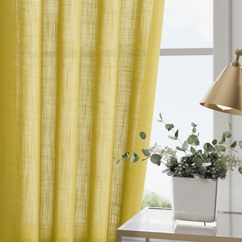Image of Nanspring Extra Long Linen Curtains 120 Inch for Living Room Celery Yellow