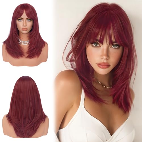 Sofeiyan Long Straight Layered Wig 16 Inch Dark Red Burgundy Red Wigs with Bangs Natural Looking Soft Heat Resistant Synthetic Medium Length Hair Wigs for Women Daily Party Use