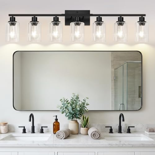 Image of Indoi 7-Light Bathroom Light Fixtures, Matte Black Modern Vanity Lights with Clear Glass Shades, Bathroom Wall Lamp for Mirror Living Room Cabinet Bedroom Porch