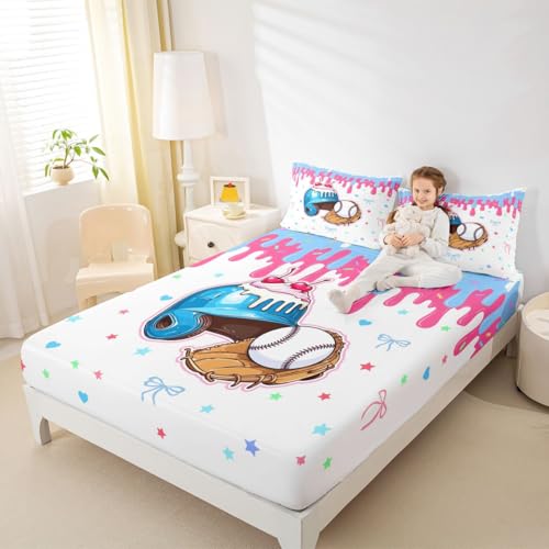 Image of Castle Fairy Baseball Cap Bed Sheets Queen Size,Ice Cream Cherry Dessert Bedding Set, Game Sports Graffiti Boys Girls Room Decor,Bule Sheet(Fitted+Flat+2 Pillowcases)