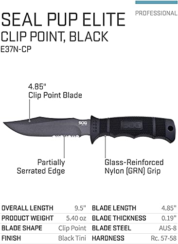 Sog M37N-CP Fixed Blade Knives - Seal Pup Tactical Knife Survival Knife And Hunting Knife W/ 4.75 Inch Blade And Molle Knife Sheath & Grn Grip thumb #2