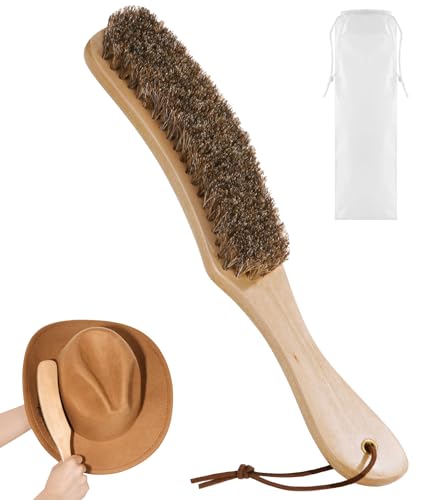 Cowboy Hat Brush, 100% Horsehair Brush for Cleaning, Lint Brush Removes Dust, Pet Hair, Cleaning Kit for Suede, Felt Hats, Wool Coats, Suits, Clothes, Shoes, Furniture, Wood Handle with Storage Bag