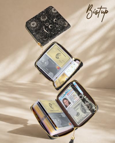 Image of Bistup 40 Slots Credit Card Holder for Women Girls, Celestial | Leather, RFID Blocking, Large Capacity, Zipper Wallet, Card Organizer, Card Protector, Pretty Aesthetic