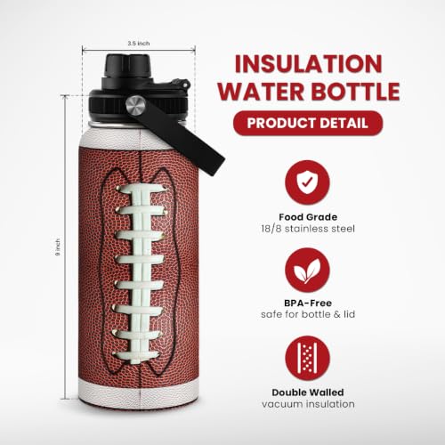 Image of SANDJEST Football Water Bottle 32oz Stainless Steel Insulated Bottles for Men Boys Sports Lovers Fan Players Coach - Softball Gifts for Birthday Christmas