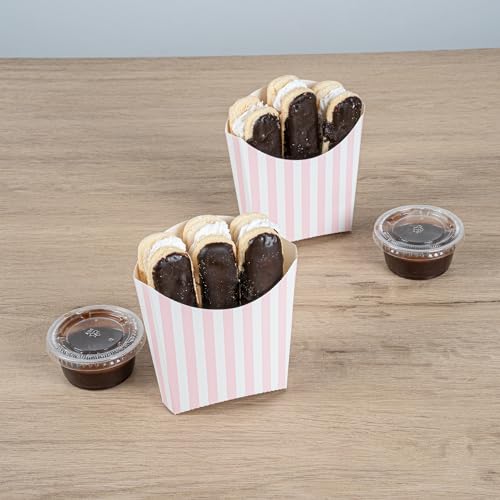 Restaurantware Bio Tek 4.5 x 3.2 x 3.9 Inch French Fry Cup 100 Disposable Snack Cups - Stackable Sustainable Pink And White Paper 3 Ounce Fry Holder For Fries Onion Rings Popcorn or Cookies by Restaurantware - Used condition - Image 3