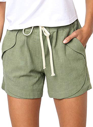 Dokotoo Womens Summer Beach Casual Solid Drawstring Elastic Waist Loose Comfy Linen Shorts with Pocket Linen Shorts Pants Green Medium