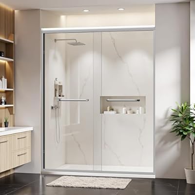 56-60" W x 72" H Brushed Nickel Semi-Frameless Double Sliding Glass Shower Door - 1/4" (6mm) SCGG Certified Clear Tempered Glass with Explosion-Proof Film for Walk-in Showers & Bathroom Enclosures