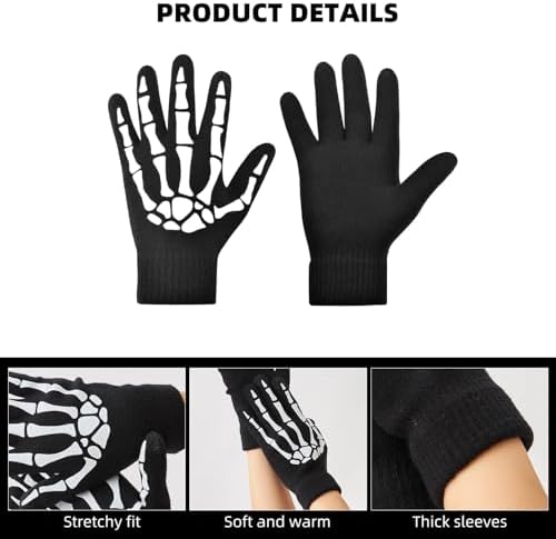 OTPEH Skeleton Gloves for Men Women Kids Warm Fingerless Goth