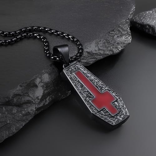 Vampire Coffin Inverted Cross Necklace, Gothic Skull Necklace for Men Women Both Sided Stainless Steel Antique Halloween Cocktail Party Bloody Red Vintage Pendant4