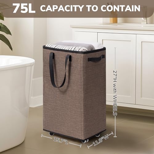 Image of Goodpick Laundry Basket with Wheels, 75L Collapsible Laundry Baskets with Removable Wash Bag, Clothes Laundry Hamper on Wheels, Light Brown